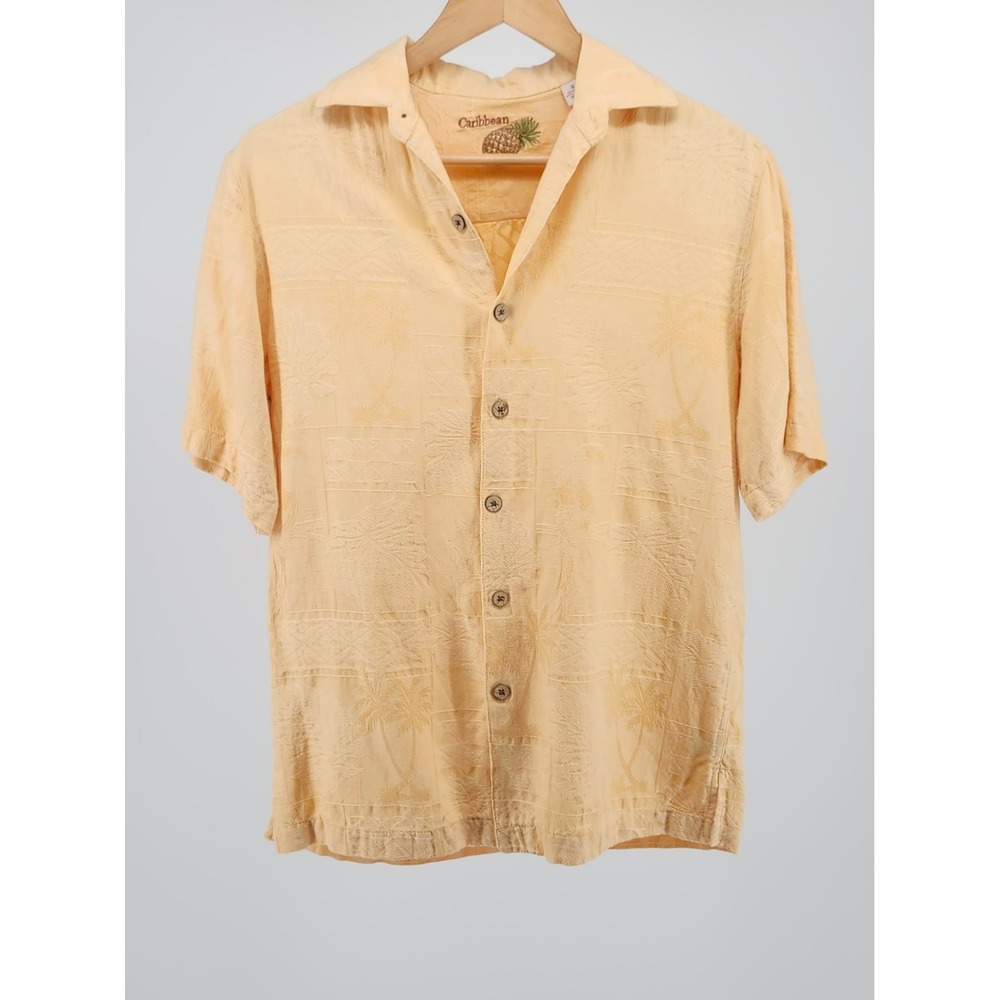 Caribbean Mens Silk Cotton Blend Tropical Palm Tree Jacquard Camp Shirt Yellow S